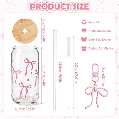 Mason Life 18oz Bow Glass Cup with Straw & Keychain - Pink