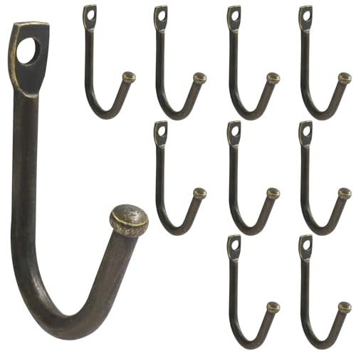 Bronze Wrought Iron Single Prong Hooks - Set of 10 with Screws, Rustic Home Decor