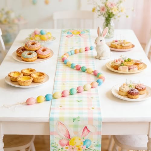 Easter Table Runner 13x72 Inch Pastel Plaid Linen with Bunny Ears and Spring Florals