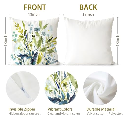 Sage Green Floral Velvet Throw Pillow Covers 18x18 - Set of 2