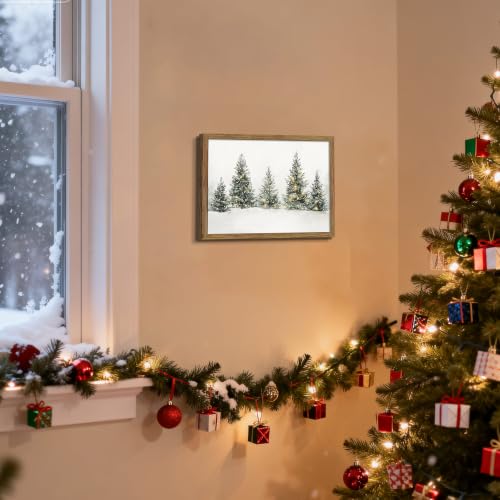 Pine Forest Christmas Wall Art - Framed Snowy Pine Tree Landscape, 16x12 Inch Neutral Farmhouse Decor