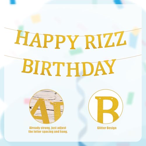 Happy Rizz Birthday Banner Pre-Strung Glitter Gold Party Decoration