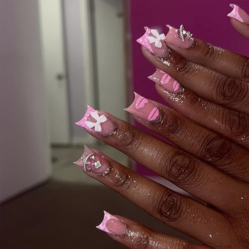 Pink French Tip Press on Nails Short Square Fake Nails with 3D Bow Rhinestones