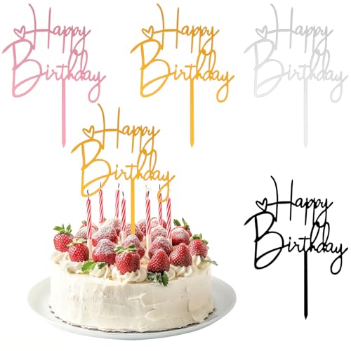 4pcs Pink Birthday Cake Toppers - Acrylic Decorations for Parties