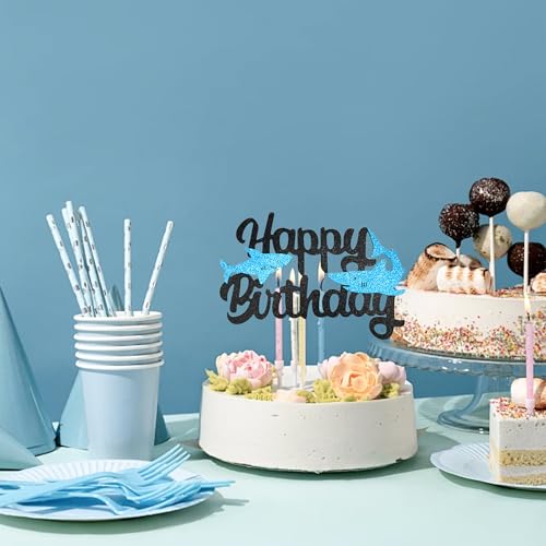 Blue Glitter Shark Happy Birthday Cake Topper for Ocean Parties