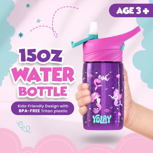 YOLAY Mermaid Kids Water Bottle with Straw - 15 oz Durable Design