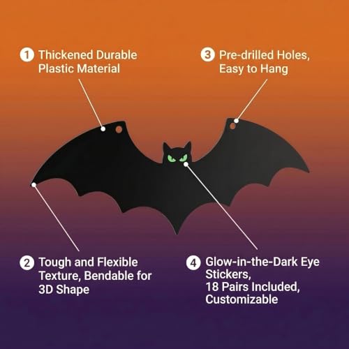 Halloween Hanging Bats 12 Pack - 3D Realistic Plastic Flying Bat Decorations for Indoor & Outdoor Yard Lawn