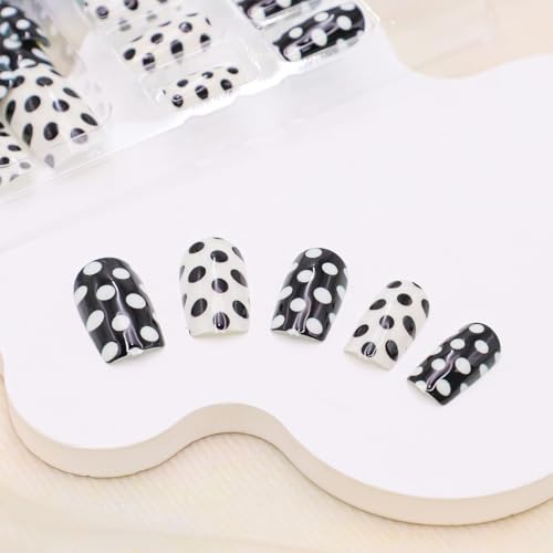 Black and White Press on Nails Square Glossy False Nails with Dots