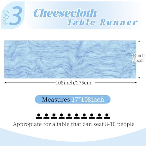 3 Pack Baby Blue Cheesecloth Table Runner 17x108 Inch for Events