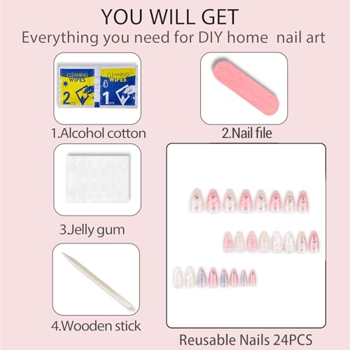 3D Butterfly Press On Nails Almond French False Nails 24PCS Kit