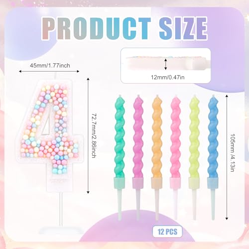 Macaron Number 4 Birthday Candle with 12 Rainbow Spiral Candles
