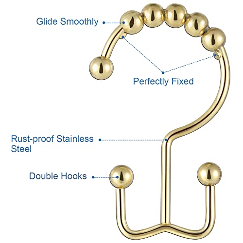 TOPROD Gold Double Shower Curtain Hooks - Rust-Proof Stainless Steel (12 Pack)