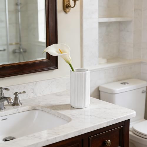 TIMEFOTO White Ceramic Flower Vase 6 Inch - Small Decorative Ribbed Centerpiece for Home & Office