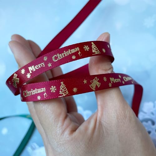 50 Yards Satin Christmas Ribbon with Bells & Snowflakes - Wine Red