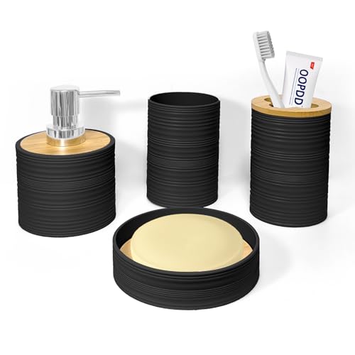 Black Bamboo Bathroom Accessories Set - 4 PCS by Seeatoo