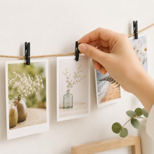 VAKTX Black Mini Clothespins with Jute Twine, 100pcs Small Wood Photo Clips