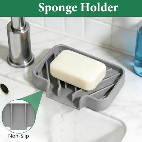 GUUKIN Gray Sponge Holder for Kitchen Sink - 5x3.5 Inch Auto-Draining Soap Tray & Organizer