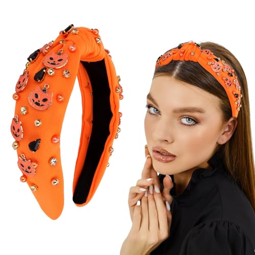 Araluky Jeweled Halloween Knotted Headband Spooky Pumpkin Hair Accessory