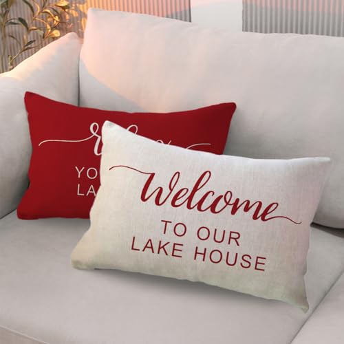 Lake House Lumbar Cushion Covers Set of 2 - Red Decorative Pillowcases 12x20 Inch