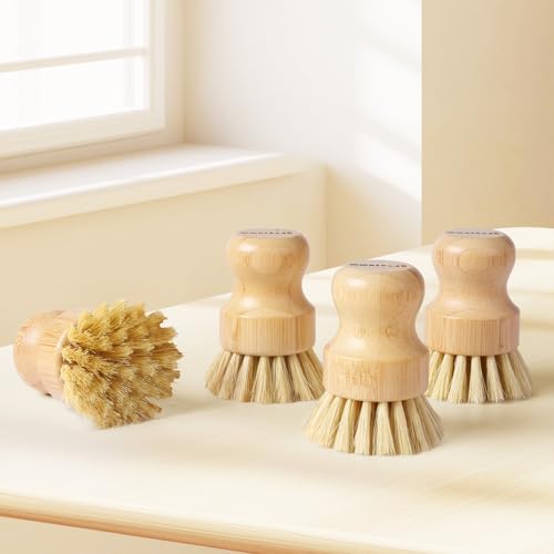 ÖkoStamm Bamboo Dish Brush Set - 4 Pack Natural Sisal Bristle Scrubbers