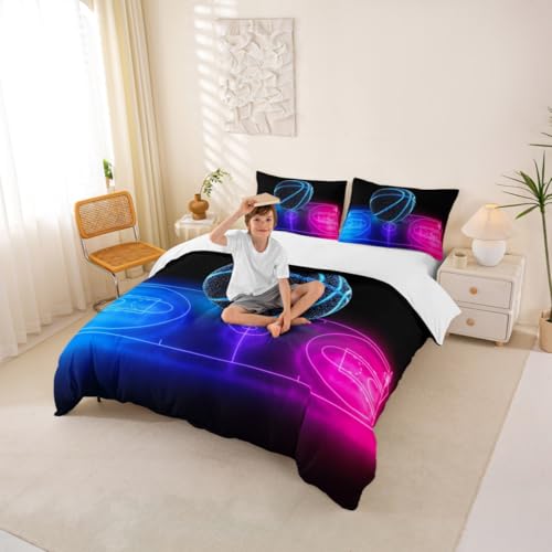 Basketball Duvet Cover Set Twin Size, Neon Blue & Purple Kids Bedding