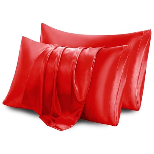 Red Satin Pillowcases for Hair - Set of 2, 20x26 Inches, Standard Size