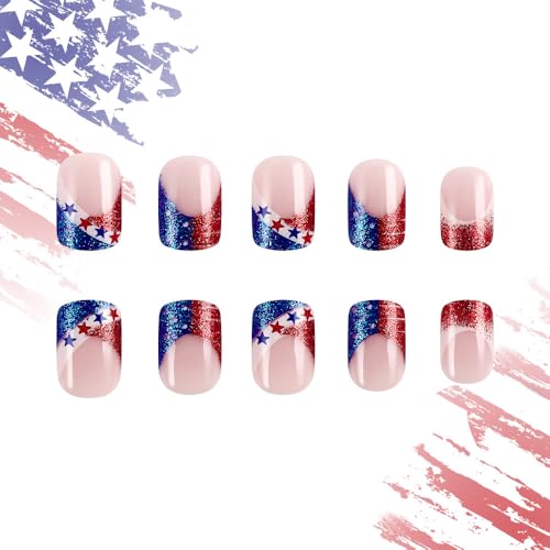 POWPOP Independence Day Short Square Press On Nails 24pcs Blue White Glitter False Acrylic Nails