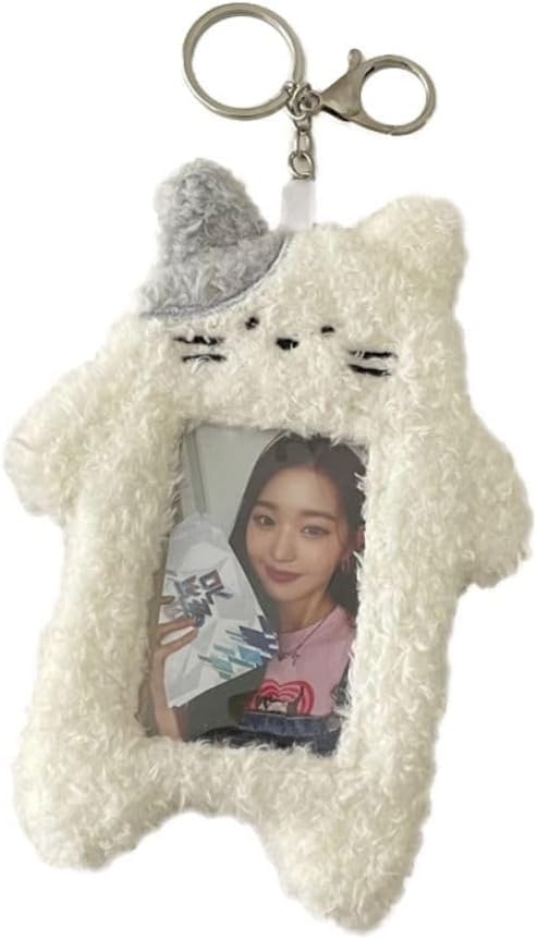 Zhuluck White Cute Plush Photocard Holder Keychain Cartoon Animal Photo Sleeve