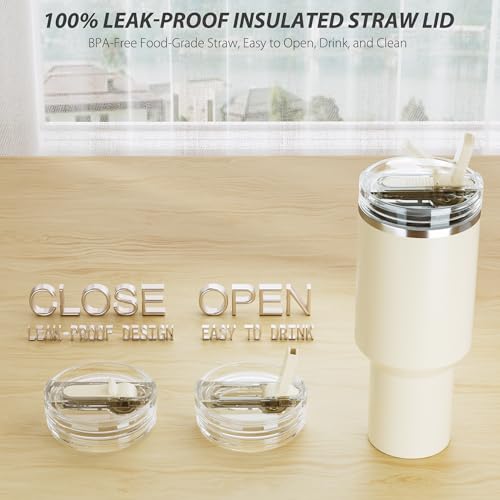 2 Pack Replacement Lid for Stanley 40 oz Quencher H2.0 & ProTour, Flip Straw Tumbler Lid for Stanley Cup, Leakproof, No Spill & Easy to Use Reusable Tumbler Cover (Cream)