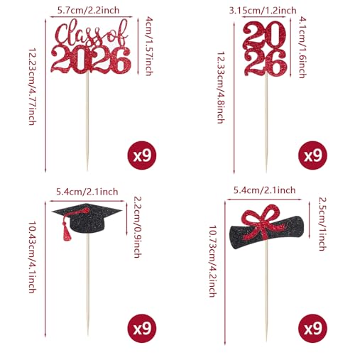2026 Graduation Cupcake Toppers - 36 PCS Glitter Picks for Party