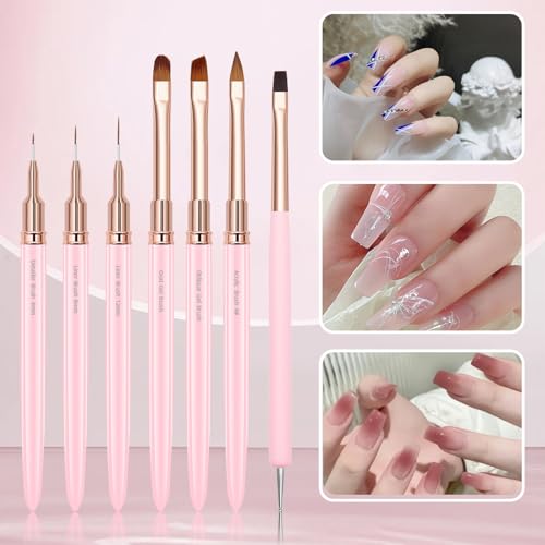 WOKOTO 7-Piece Pink Nail Art Brush Set for Acrylic and Gel Nails