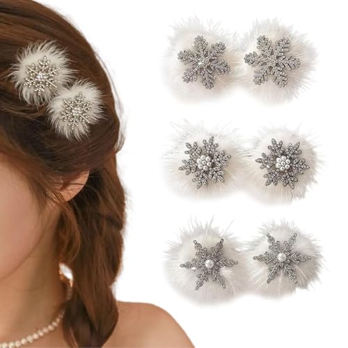 Snowflake Hair Clips 6-Piece Set - Plush Rhinestone Winter Hair Barrettes