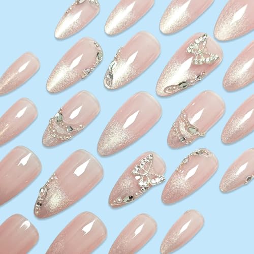 Nude Press on Nails Medium Almond 3D Butterfly Glitter Acrylic Fake Nails