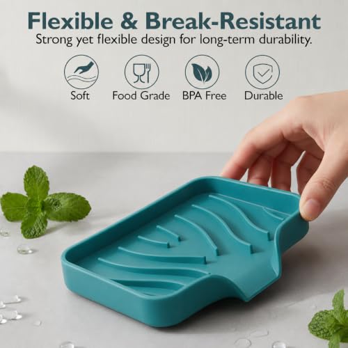 Self Draining Silicone Soap Dish with Drain Spout - Bathroom & Kitchen Sink Organizer