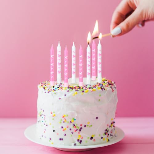 Conelist 12 Pink Bow Birthday Candles for Cake, Coquette Aesthetic, Pink & White