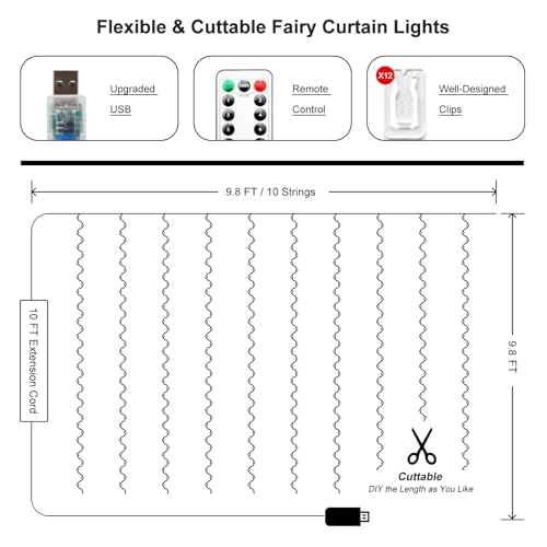 Warm White 300 LED Fairy Curtain Lights 9.8 x 9.8FT with Remote & Clips - USB