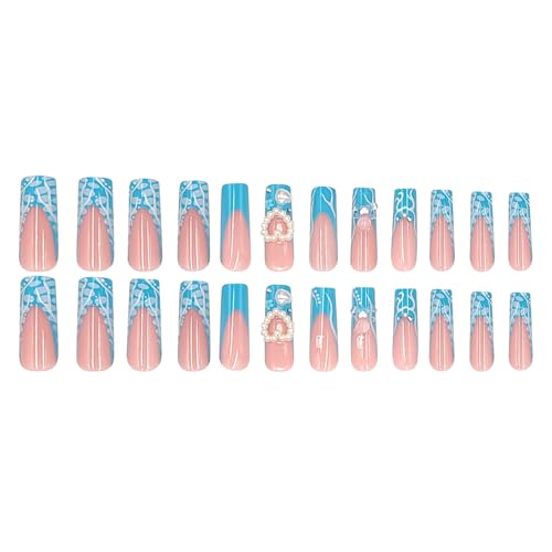 Long Blue French Press On Nails with Heart and Pearl Rhinestones