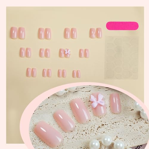 Nude Pink Bow Press on Nails Medium French False Nails 24Pcs