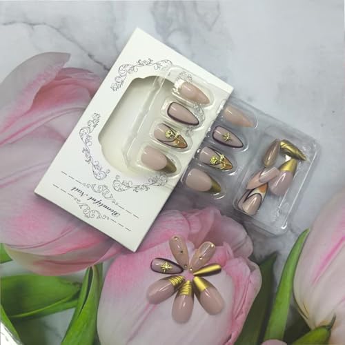 BUNLVDI Medium Almond Press on Nails French Tip Metal Star Fake Nails