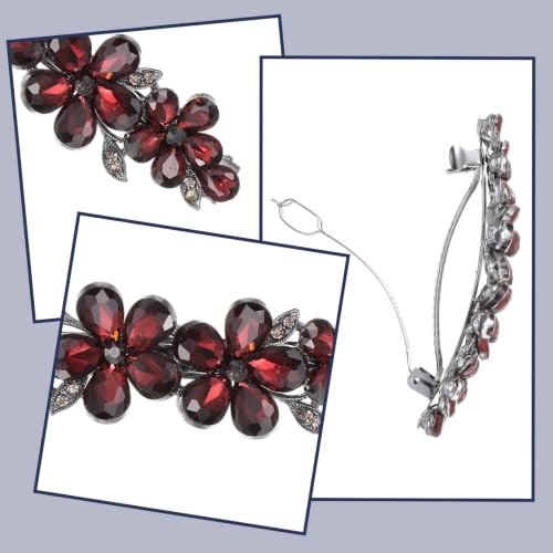 Dark Red Rhinestone Flower Hair Clip Crystal Bridal Barrette