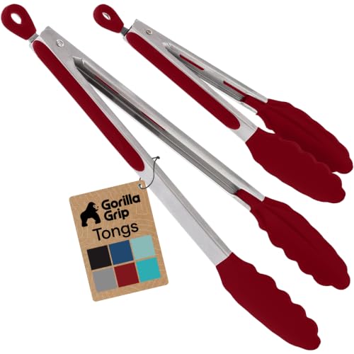 Gorilla Grip Stainless Steel Kitchen Tongs 2-Pack with Red Silicone Tips, 9” & 12”