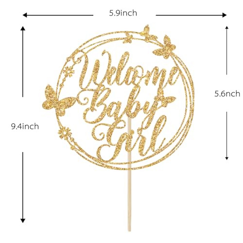 Welcome Baby Girl Cake Topper - Gold Glitter Baby Shower Decoration