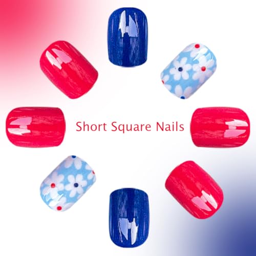 ZIFANHU Short Square Press On Nails Glossy Red Blue Floral Fake Nails
