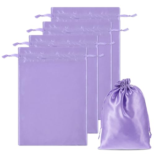 Satin Wig Storage Bags with Drawstring - Purple Hair Extension Pouches 4 Pack