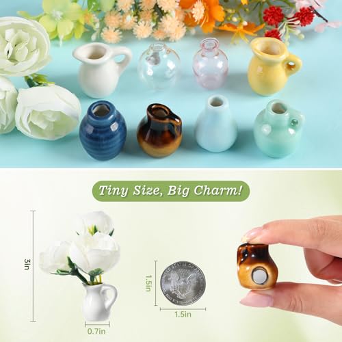 8-Piece Mini Vase Magnet Set with Artificial Flowers - Ceramic & Glass
