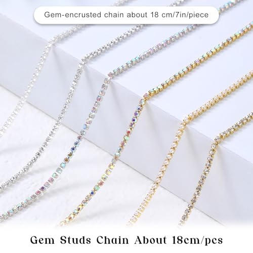 Macuezu Rhinestone Nail Chains Metal Pearl Charms for Manicure Art 6 Pcs