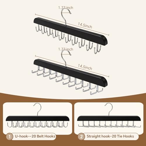 2 Pack Wooden Tie Rack and Belt Hanger with 40 Hooks