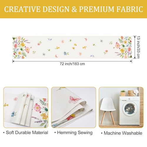 Floral Table Runner 13x72 Inch - Pink Blue Butterflies for Spring