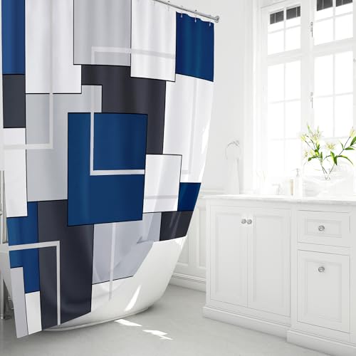 BTTN Navy Blue Geometric Waterproof Shower Curtain, 72x72