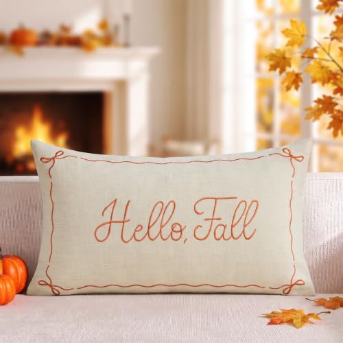 Hello Fall Embroidered Lumbar Pillow Cover 12x20 - Beige Chenille